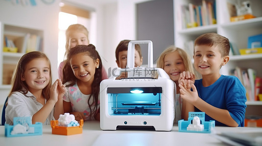 老师和孩子们用 3D 打印机摆出姿势