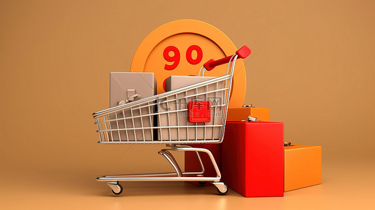 3D 渲染的购物背景，包括购物车礼品和带有巨大折扣和销售百分比的袋子