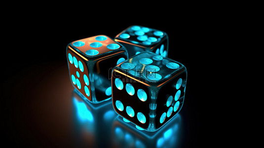 赌博概念的 3D 渲染插图，以黑色背景上的霓虹灯蓝灯和骰子为特色