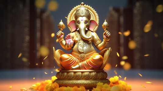 与象神一起庆祝印度教萨纳坦宗教节日的甘尼萨雕像的 3D 渲染