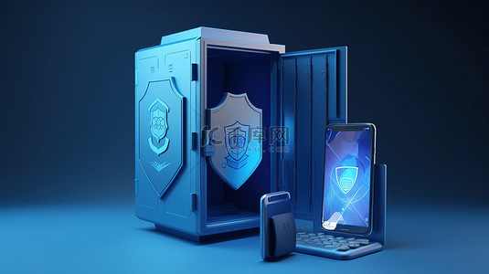 密码盒背景图片_蓝色背景下保险箱货币盾牌智能手机和服务器的数字安全 3D 渲染