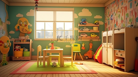 抬头的小男孩背景图片_3D 渲染儿童游戏室插图
