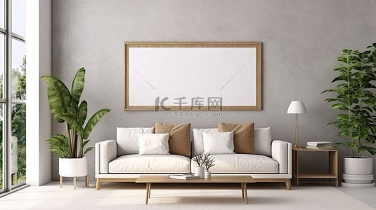 现代奢华背景墙背景图片_时尚奢华的客厅的 3D 渲染，配有空海报框架模型