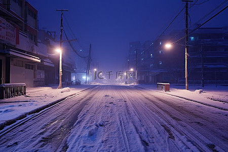 白色的路灯背景图片_在一座雪城里，一条白色的街道夜间铺有积雪