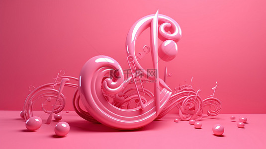 3D 音符和符号在粉红色背景下流动着曲线和漩涡