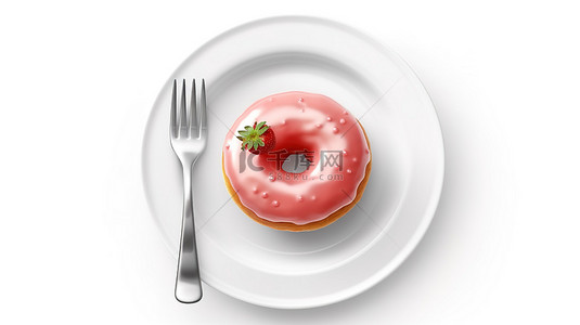 一个大草莓粉色釉面甜甜圈的顶部视图，白色背景 3D 渲染上的盘子附近有叉子和刀