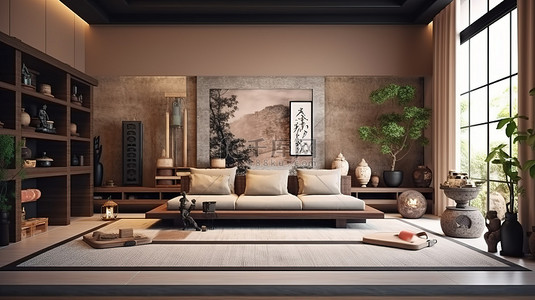带 3D 渲染沙发的当代亚洲客厅设计