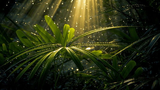 雨中森林背景雨点光线植物叶子自然背景