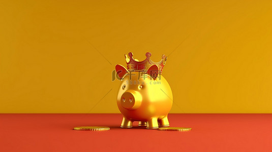 富丽堂皇的存钱罐装饰着充满活力的黄色背景上的皇冠，通过 3D 渲染描绘储蓄和投资目标