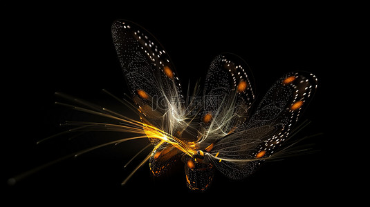 黑色背景下的散景蝴蝶花粉线和飞蛾 3D 插图