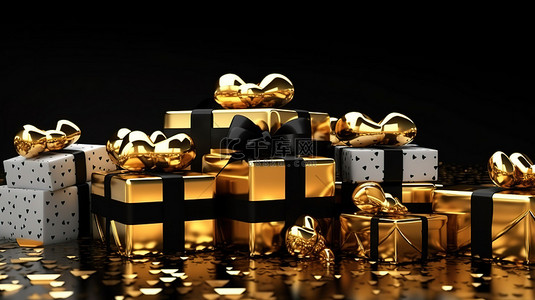 丝带黑色背景图片_令人惊叹的 3D 插图黑色粗糙背景与金色礼品盒和用白丝带绑着的心