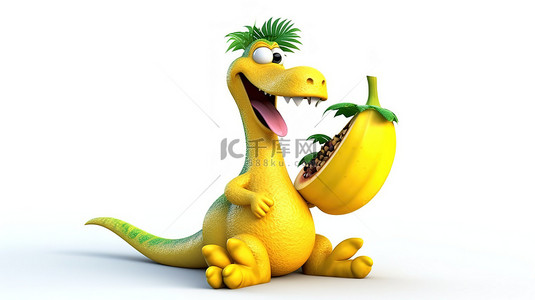 有趣的 3D 恐龙，握着美味的香蕉