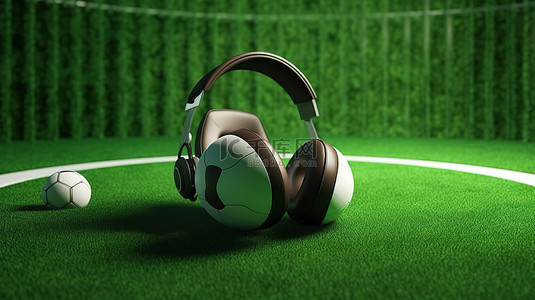 中场绿色椅子上戴着耳机的足球的 3D 渲染