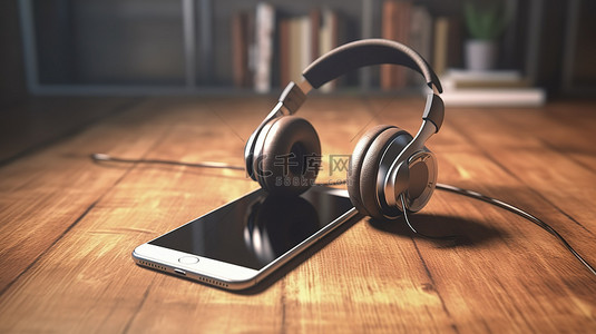 带耳机的木桌和带空白触摸屏的手机的 3D 渲染，用于定制设计