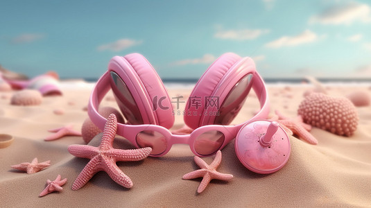 周末狂欢送背景图片_夏日氛围粉色海滩主题，配有配件耳机太阳镜贝壳海星人字拖和充气环3D渲染