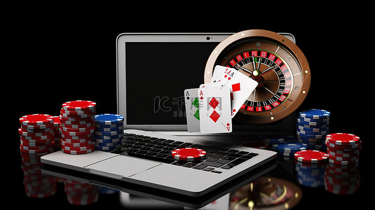 虚拟赌场体验带有老虎机轮盘赌扑克筹码等的 3D 笔记本电脑