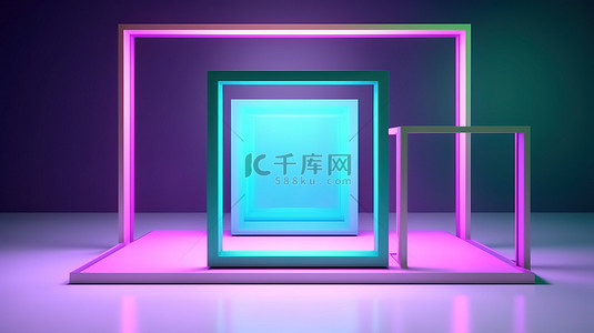 蓝紫色框背景图片_金属反射一组几何形状漂浮在粉红色悬浮中，带有紫色蓝色和绿色 3D 渲染色调的空白框架