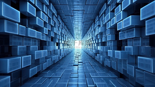 蓝色矩形结构的未来隧道现代 3D 渲染