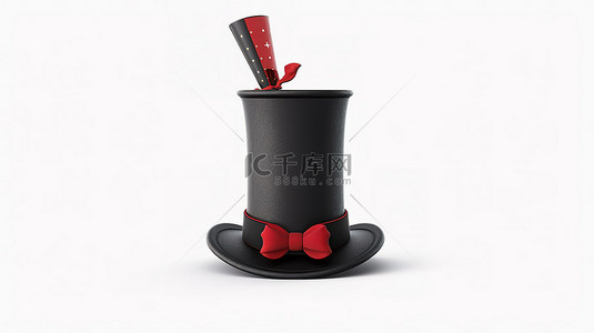 红丝带装饰着黑色圆柱帽和魔杖，白色背景上的神奇 3D 渲染