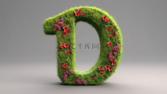 九号形状的孤立红色花朵和草的 3D 渲染