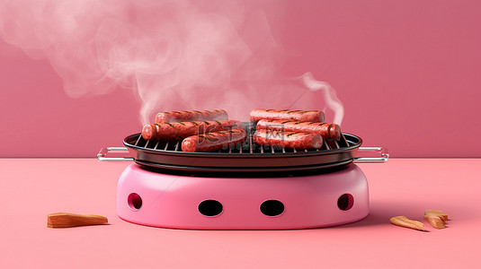 充满活力的粉红色背景 3D 渲染上的烟熏烤架和四根铁板香肠