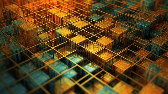 马赛克图案背景图片_抽象工业纹理超现实银金属液体表面的 3d 渲染与立方网格马赛克图案在绿色橙色和黄金的渐变色调