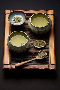 两碗茶背景图片_木板上放着 3 杯绿茶，还有两碗茶