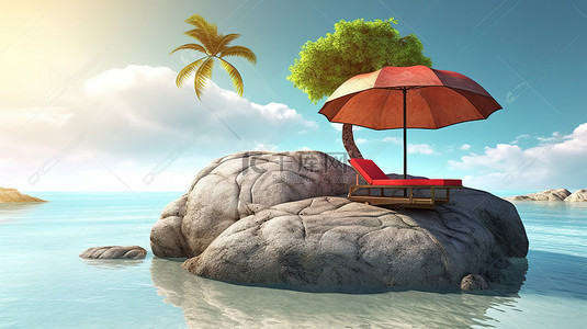 躺椅伞和球在 3d 渲染中的一个小岛上