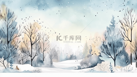 冬季下雪背景图片_冬天水彩风景插画
