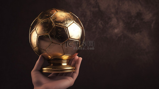 金戈戈logo背景图片_用手牢固地握住足球奖杯的 3D 渲染