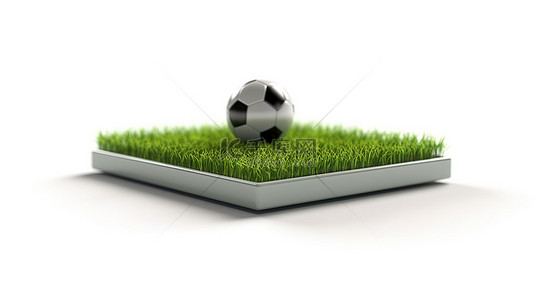 白色背景和足球的现实绿草迷你足球场的 3D 插图