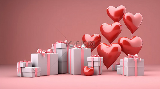 情人节假期背景，以 3D 渲染的心形气球和礼品盒为特色