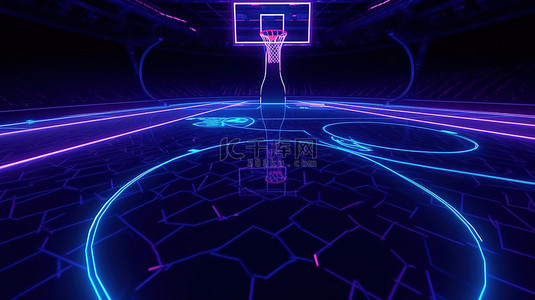 紫罗兰色背景图片_虚拟篮球场生动的紫罗兰色和蓝色霓虹灯在 3d 渲染