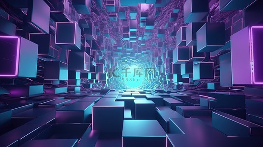 3d 渲染中的科幻插图紫色和蓝色几何背景