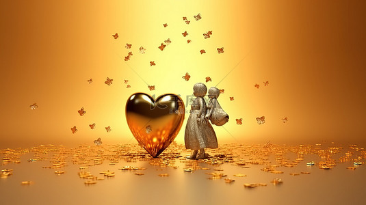 爱心金背景图片_3D 渲染背景与金心夫妇度过一个快乐的情人节
