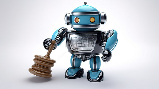 网络科技手背景图片_机器人锡玩具与木槌法官在 3D 渲染中在白色背景上描绘网络法概念