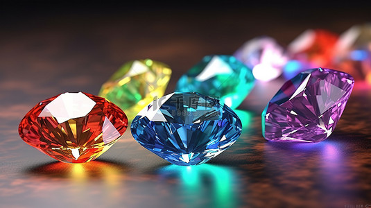 闪亮闪亮背景图片_多色钻石宝石簇，带有闪闪发光的 3D 渲染图像