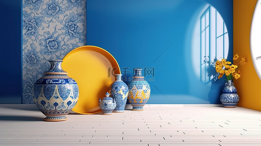 花刺背景图片_黄色和蓝色模拟空间上乌克兰装饰平台的 3D 渲染