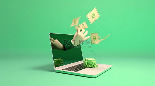 蓝色背景，手的 3d 渲染指向带有美元符号和周围绿色信封的笔记本电脑
