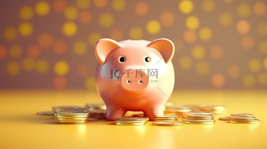 存钱罐的 3D 插图被硬币包围，象征着手中的银行贷款概念