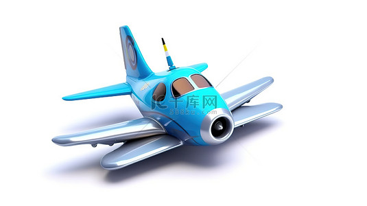 现代笔记本电脑的 3D 渲染，带有卡通玩具喷气式飞机，从白色背景的屏幕上起飞