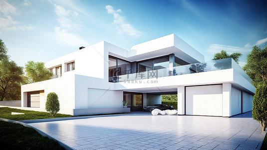 别墅豪宅背景图片_令人惊叹的 3D 渲染中的当代豪宅