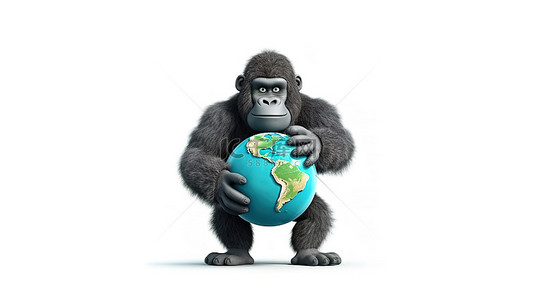 有趣的 3D 大猩猩手里拿着一个标志和地球