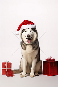 一只哈士奇狗坐在圣诞帽前并送礼物