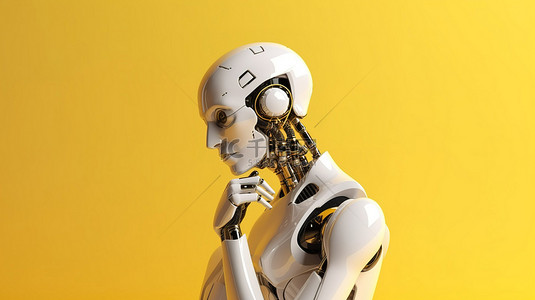 3d 渲染中的 ai 机器人在黄色背景上思考或计算