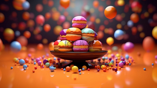 各种糖果甜甜圈纸杯蛋糕马卡龙和糖果漂浮在橙色背景 3D 渲染上的一堆彩色球上方