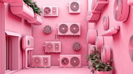 空调系统中具有多个室内机的粉红色建筑的 3D 渲染