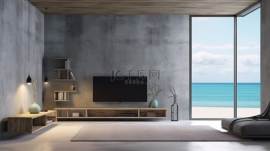 海边混凝土客厅的木制电视柜 3D 渲染