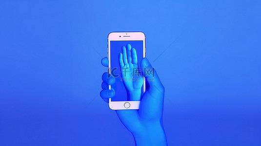 蓝手握着的智能手机的 3D 渲染