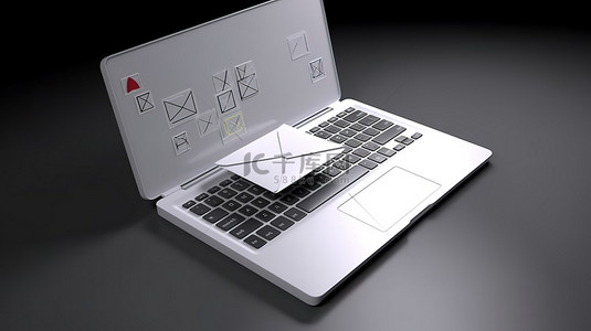 渲染的 3d 笔记本电脑，带有白色的电子邮件图标